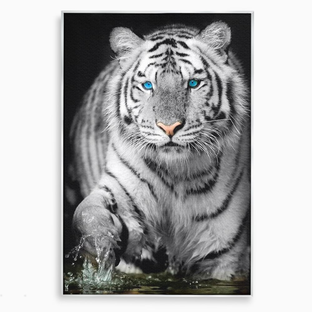 Tablou canvas cu tablou canvas cu tigru alb, in rama de aluminiu argintiu